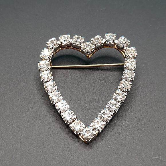 Vintage Clear Rhinestone Heart Brooch, Gold Tone, Prong Set Rhinestones, 1 1/2" - Picture 1 of 10